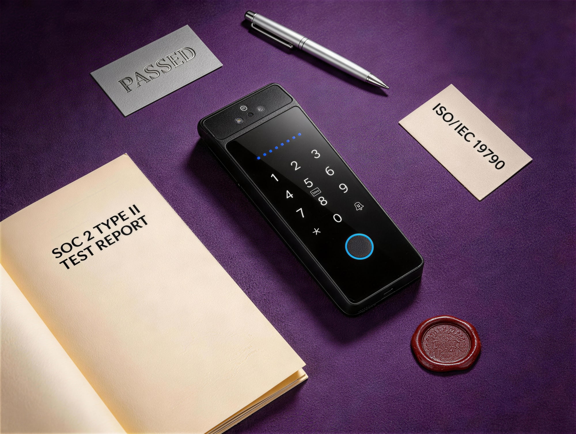 Niofy smart lock on a deep purple surface surrounded by a SOC 2 Type II report, an ISO/IEC 19790 card, a red wax seal and a PASSED plate
